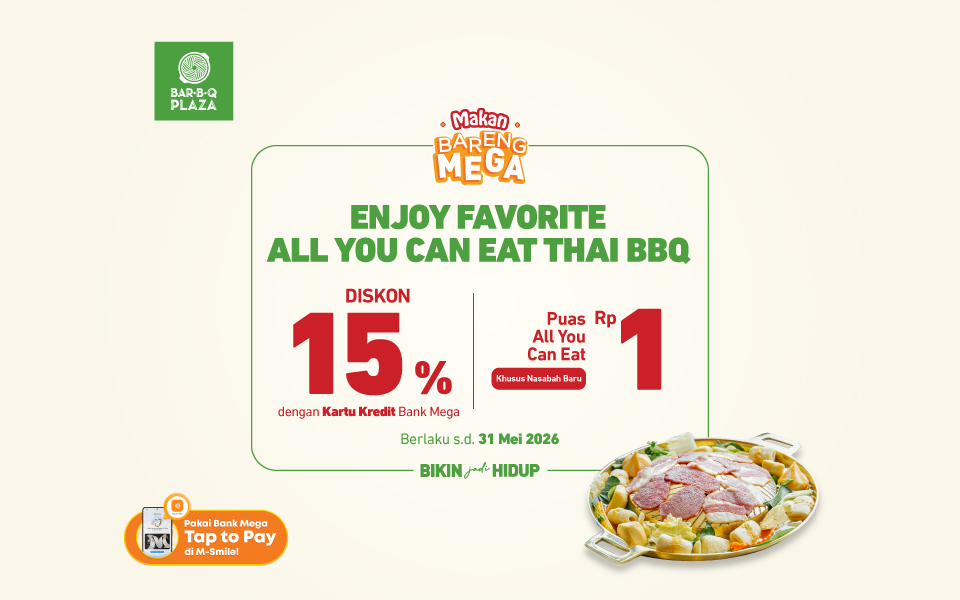 Promo Bar.B.Q Plaza Diskon 15 Persen dan Puas AYCE Rp1 dengan Kartu Kredit Bank Mega